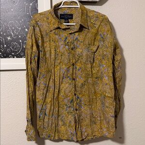 Pete Huntington Shirt Large blue Yellow Bali Handcrafted Cotton Button Up Men's